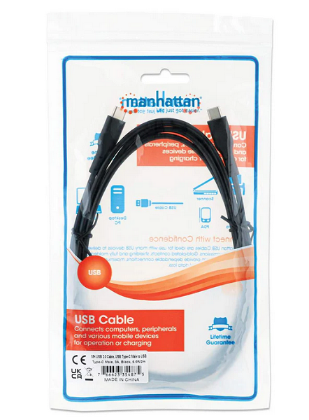 Manhattan kabel USB 2.0 Type-C, 3A, 60W, 2m, crni