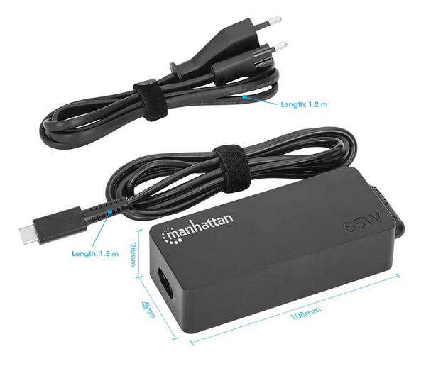 Manhattan punjač za laptop 65W USB-C, crni