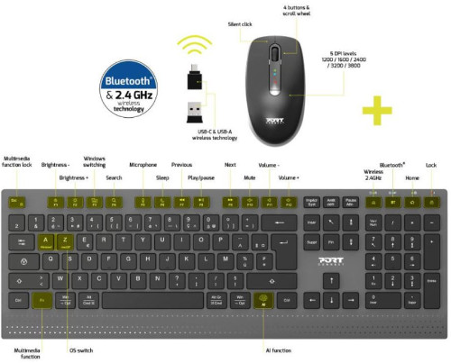 Port bežična tipkovnica i miš, USB-A/C, punjiva