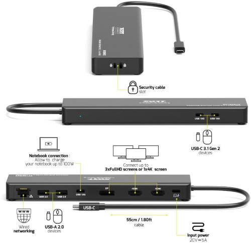 Port docking travel USB-C,1x4K ili 3XFHD, do 100W