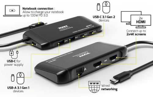 Port docking travel USB-C,1x4K ili 2xFHD, do 100W