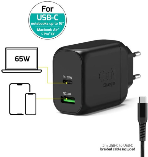 Port zidni punjač 65W type C GaN2 + USB-C kabel 2m